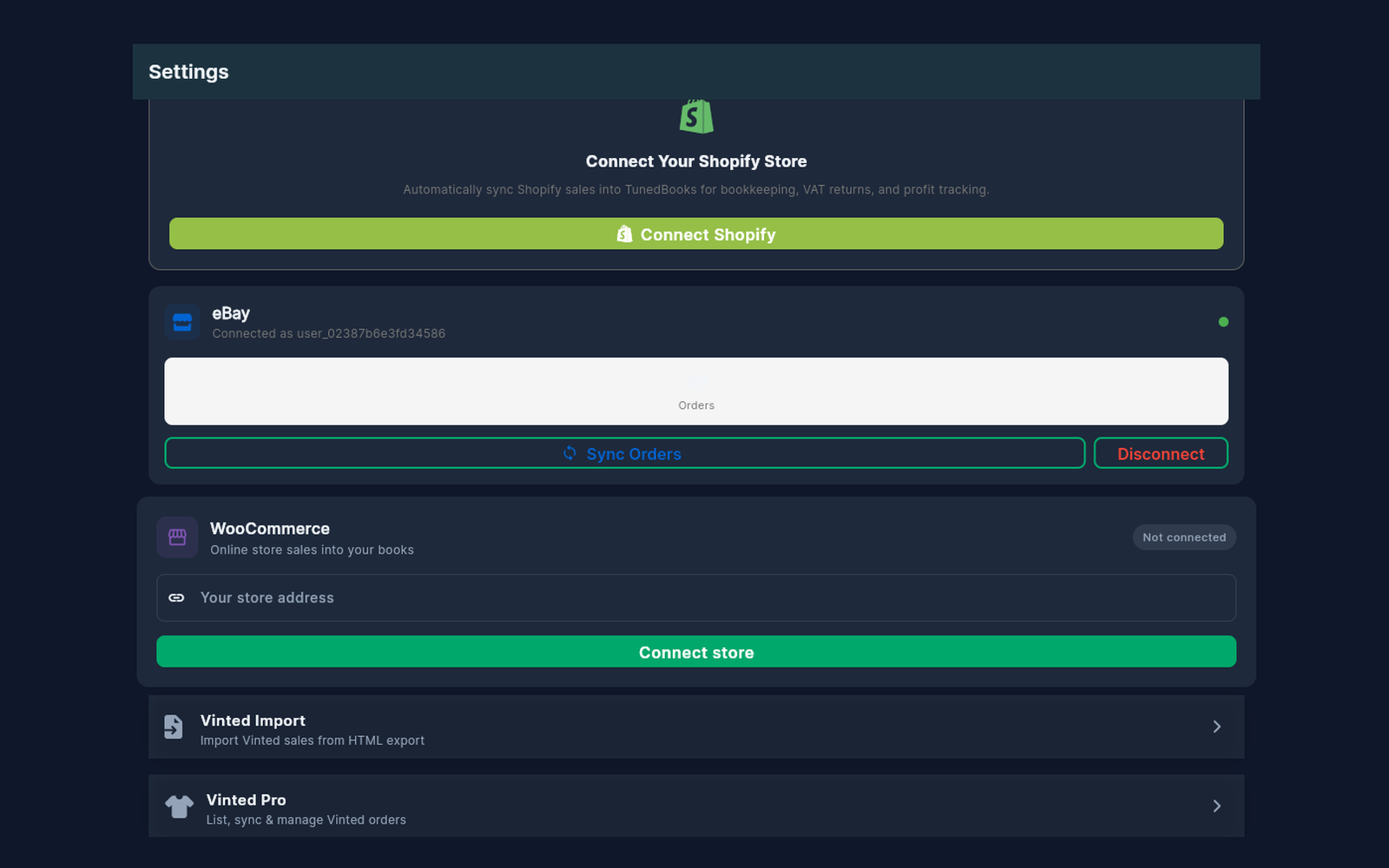 Connecting eBay, Shopify, WooCommerce and Vinted accounts inside TunedBooks settings